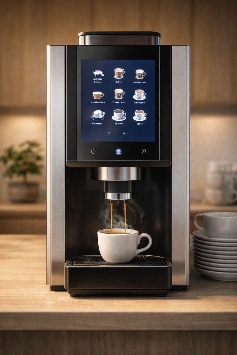 Premium kaffeautomat med färska bönor i svenskt kontorsfikarum med kollegor